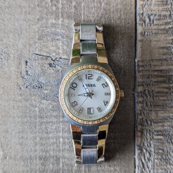 Fossil Watch Women's Small Petite Two Toned Date CZ Bling with Tin - Picture 1 of 6
